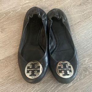Black Tory Burch Ballet Flats w/ Silver Metal Bucket, Size 8